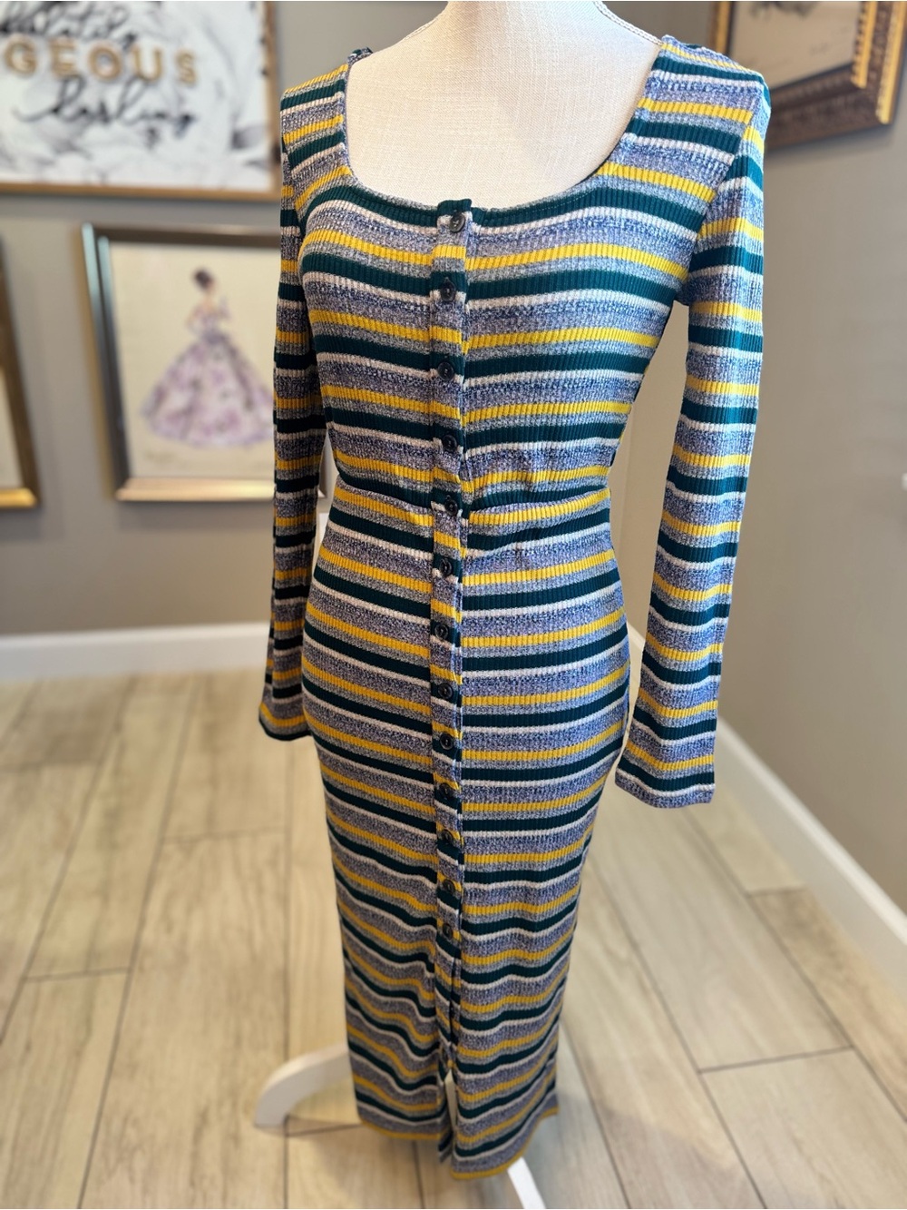 New! Francesca’s Alya Striped Button-Front Knit Midi Long Sleeve Dress